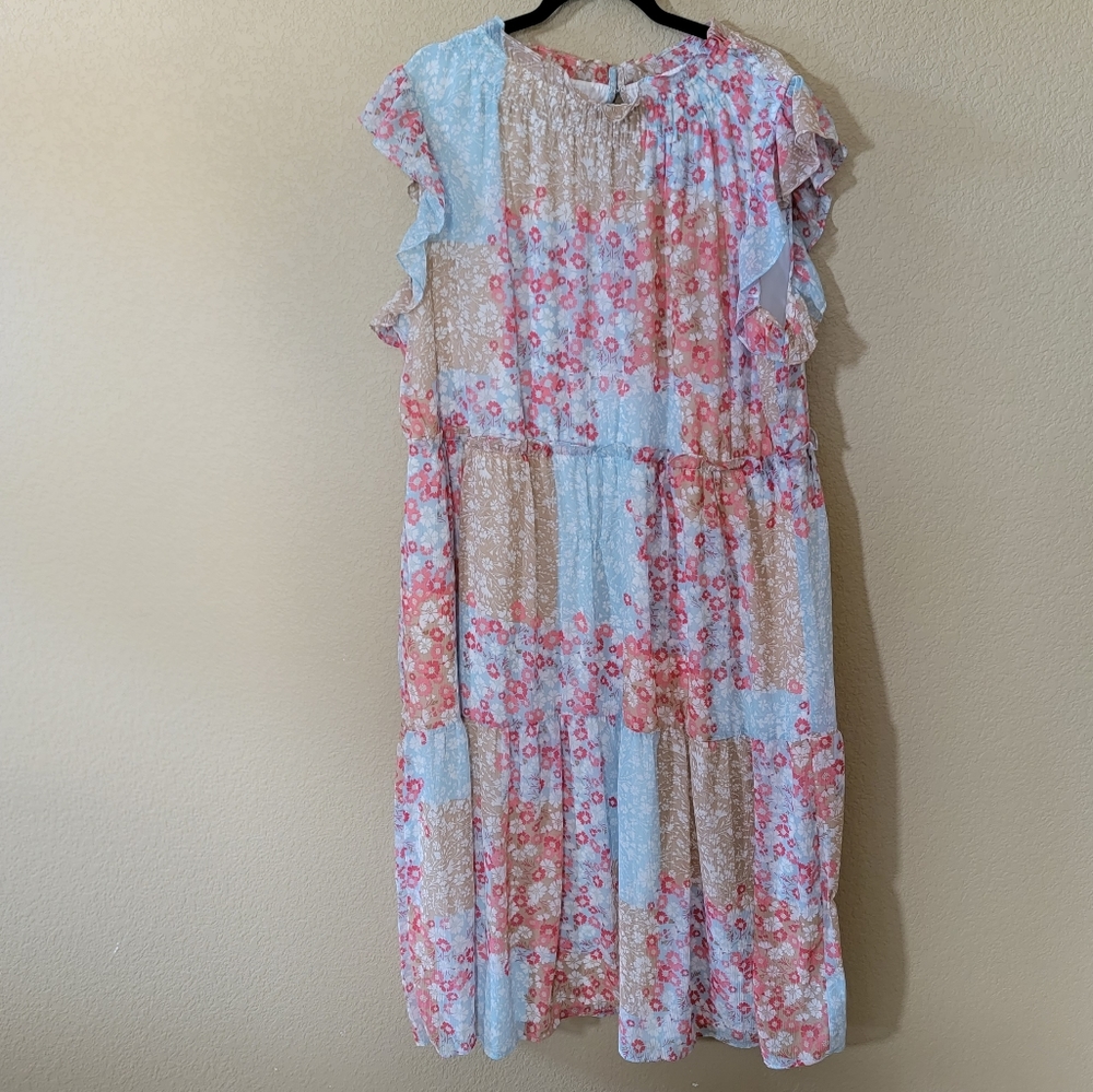 NWT DKNY Mock Neck Ruffled Dress in Floral/Patchwork, Size 20W